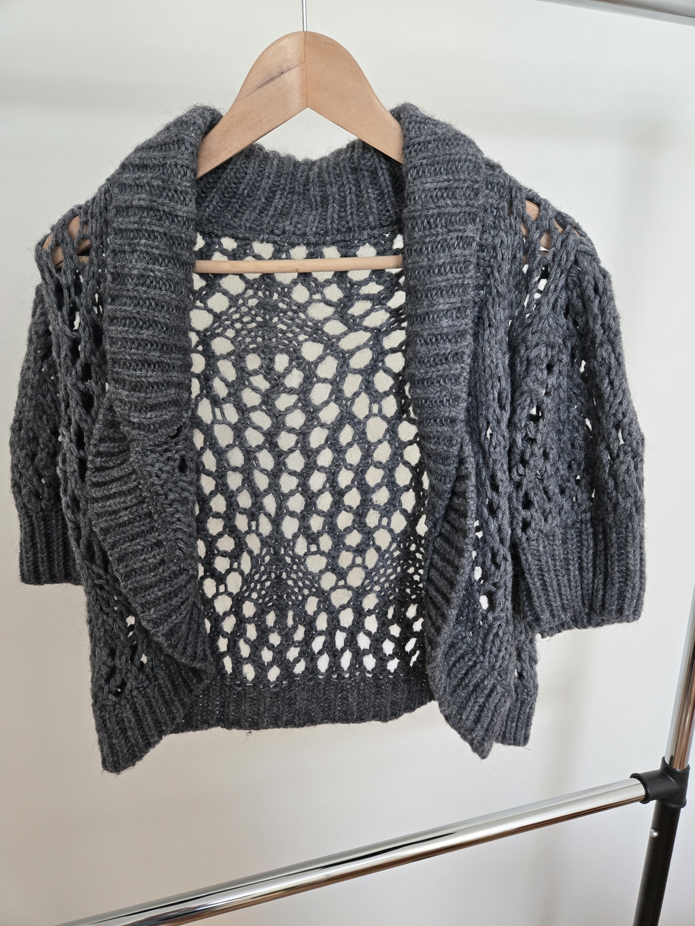 Open-Knit Shawl Collar Cropped Sweater Cardigan - Charcoal